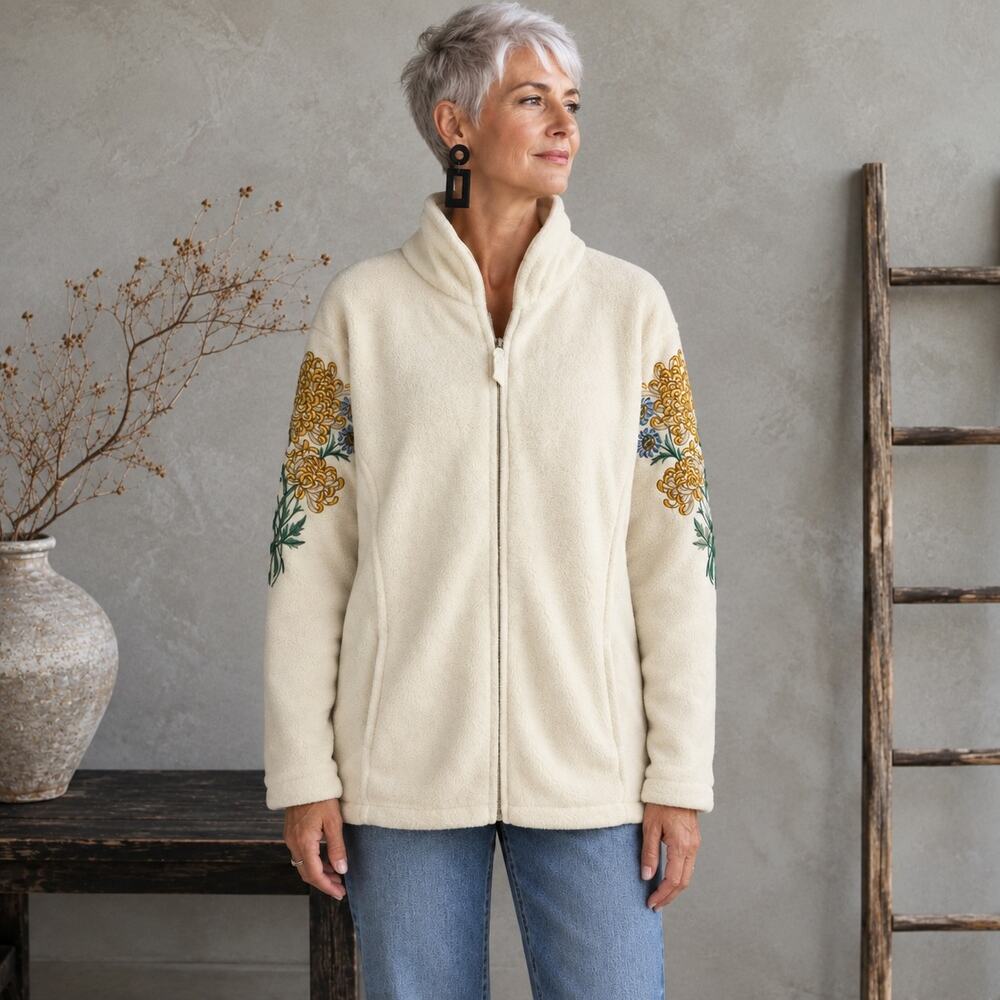 Bob Mackie NWT Off White Embroidered Fleece Jacket 2X